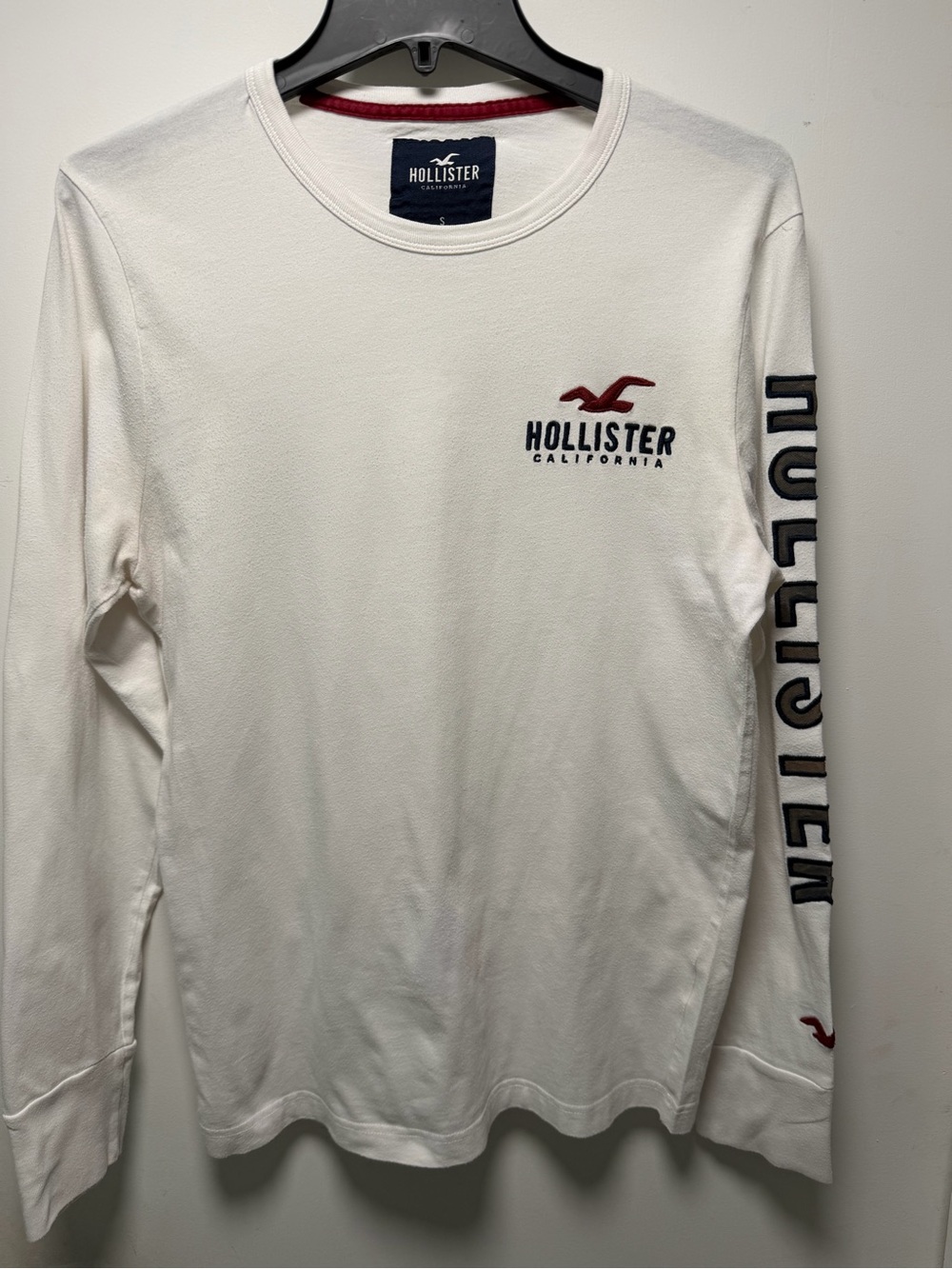 Hollister White Long Sleeve Tee with Navy and Red Logo
